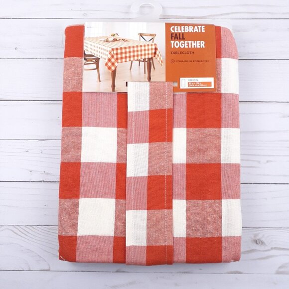Fabric Tablecloth Fall Harvest Gingham Plaid 60x102 Orange Ivory - Picture 2 of 3